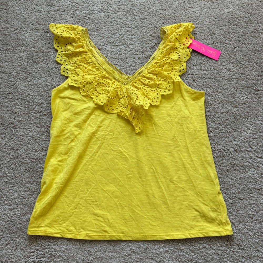Lilly Pulitzer Plaza Top Resort Yellow Eyelet Ruffle V-Neck Tank M 009985